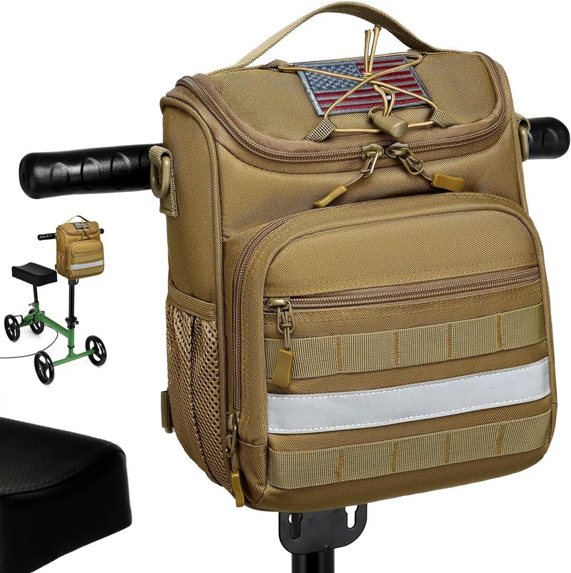 HAMBOLY Knee Walker Handlebar Bag Front Basket with Cooler Pocket Accessory Carrying Pack for Knees Scooter, Brown - Image 1